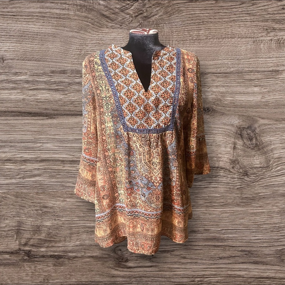 New Directions Women’s Sheer Bohemian Tunic Blouse Top 3/4 Sleeve Size Medium